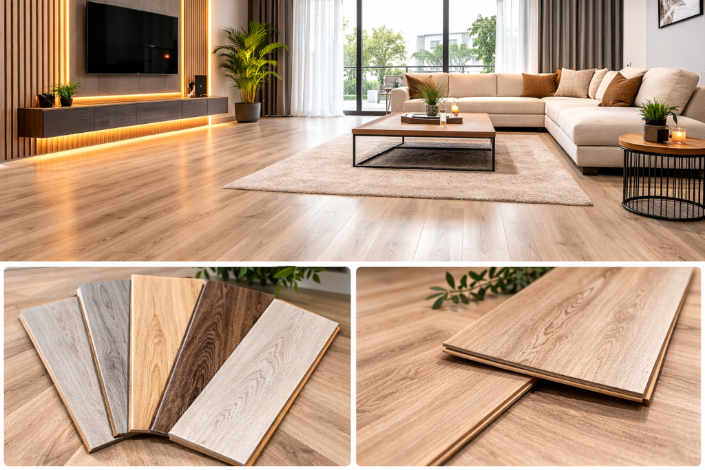 Ayvalık laminat parke döşenmiş modern salon